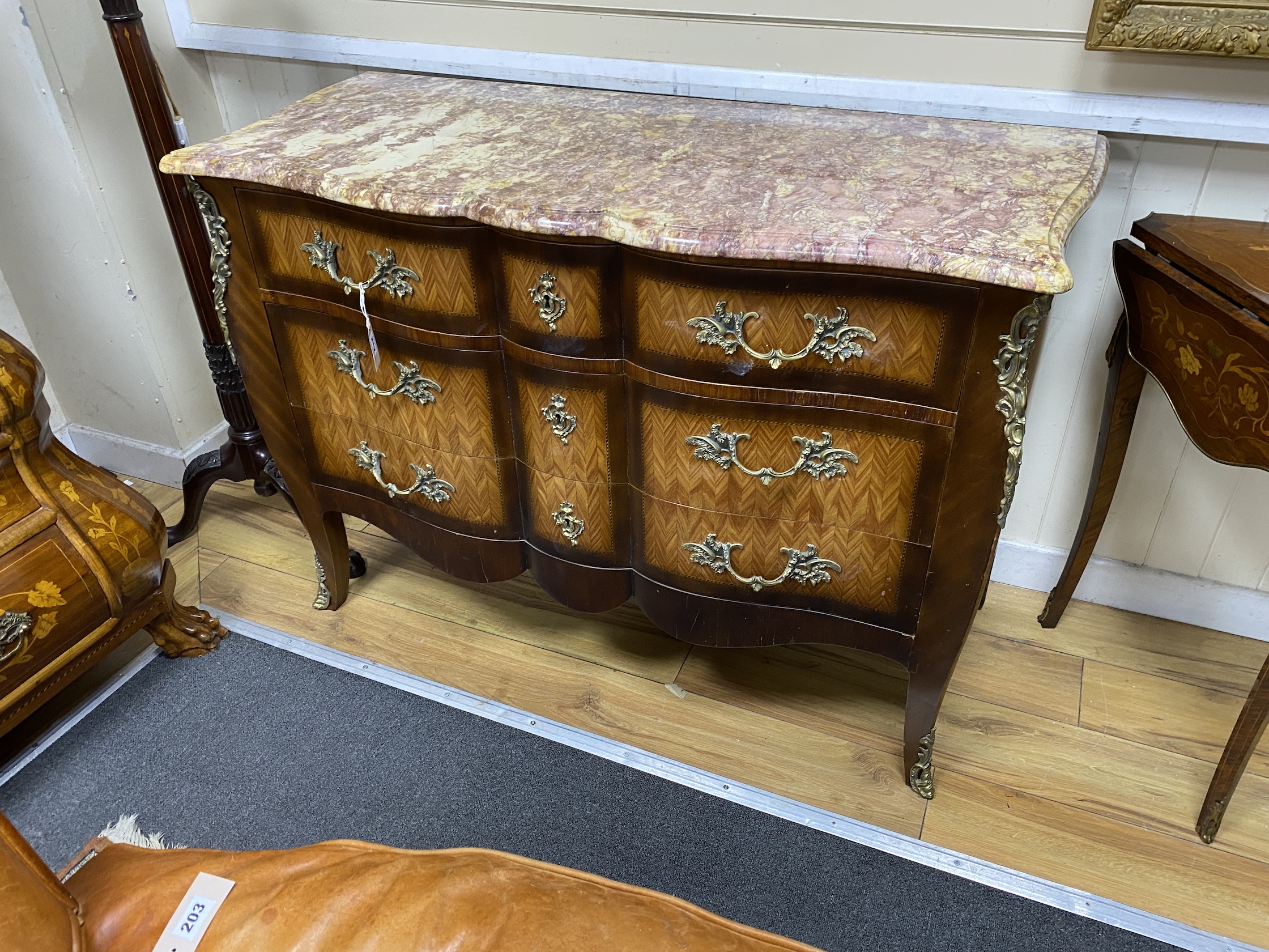 A Louis XVI style kingwood marble topped commode, width 118cm, depth 52cm, height 86cm